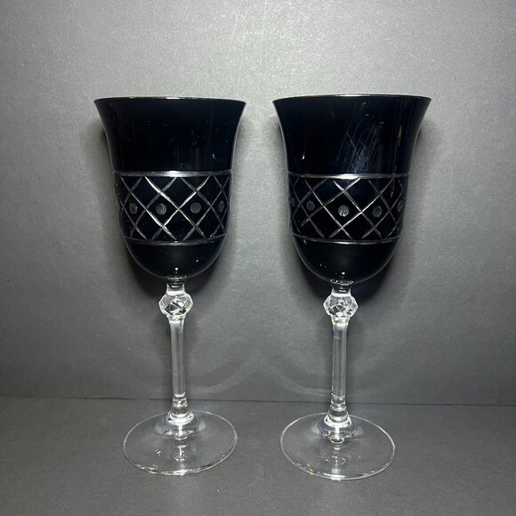 VTG Set of 2 Black & Clear Cut Crystal Gioielli Da Tavola Le Stelle Wine Glasses - Picture 4 of 7